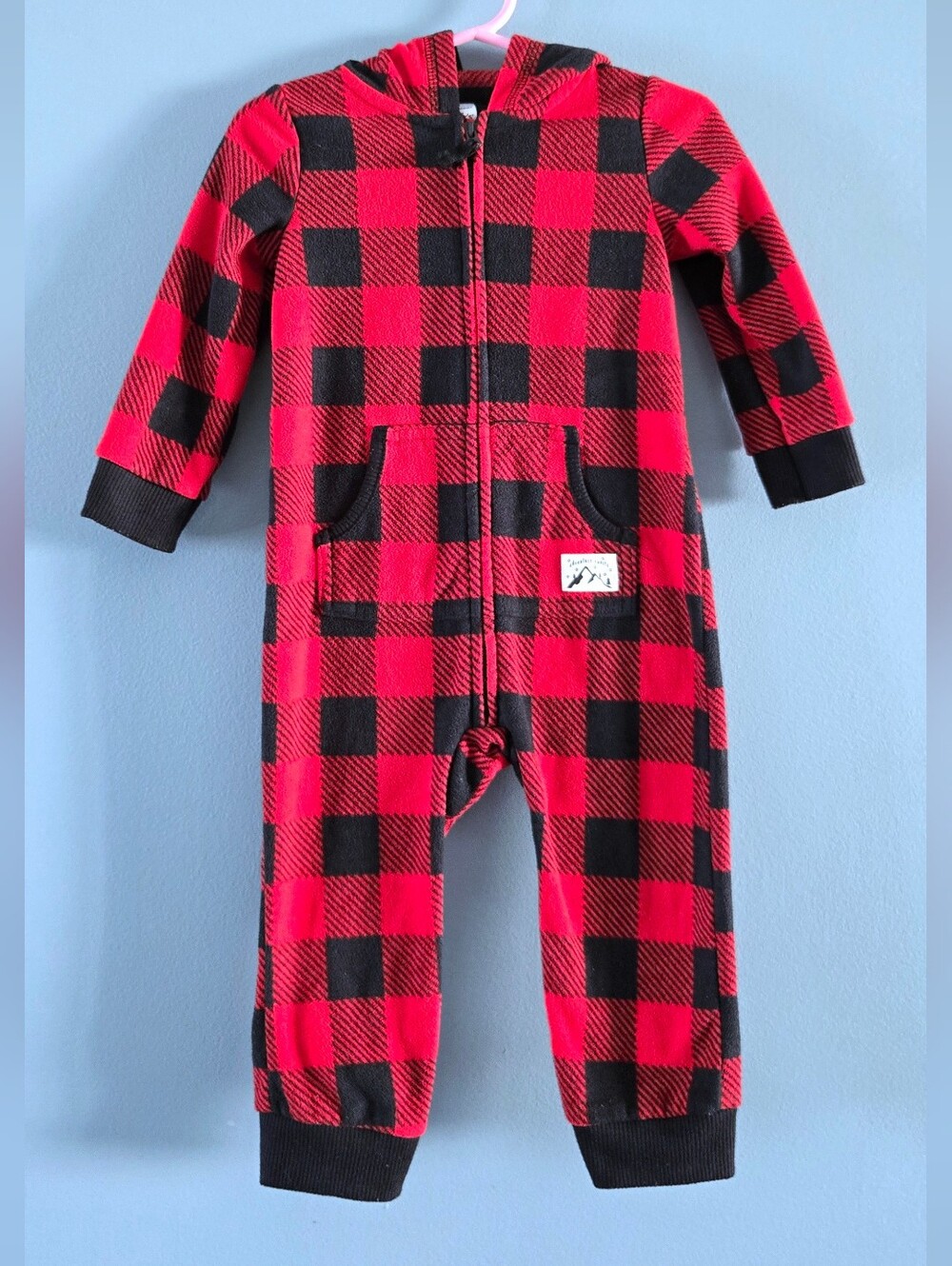 Red and Black Buffalo Plaid Hooded One-Piece With Bear Ears 18m